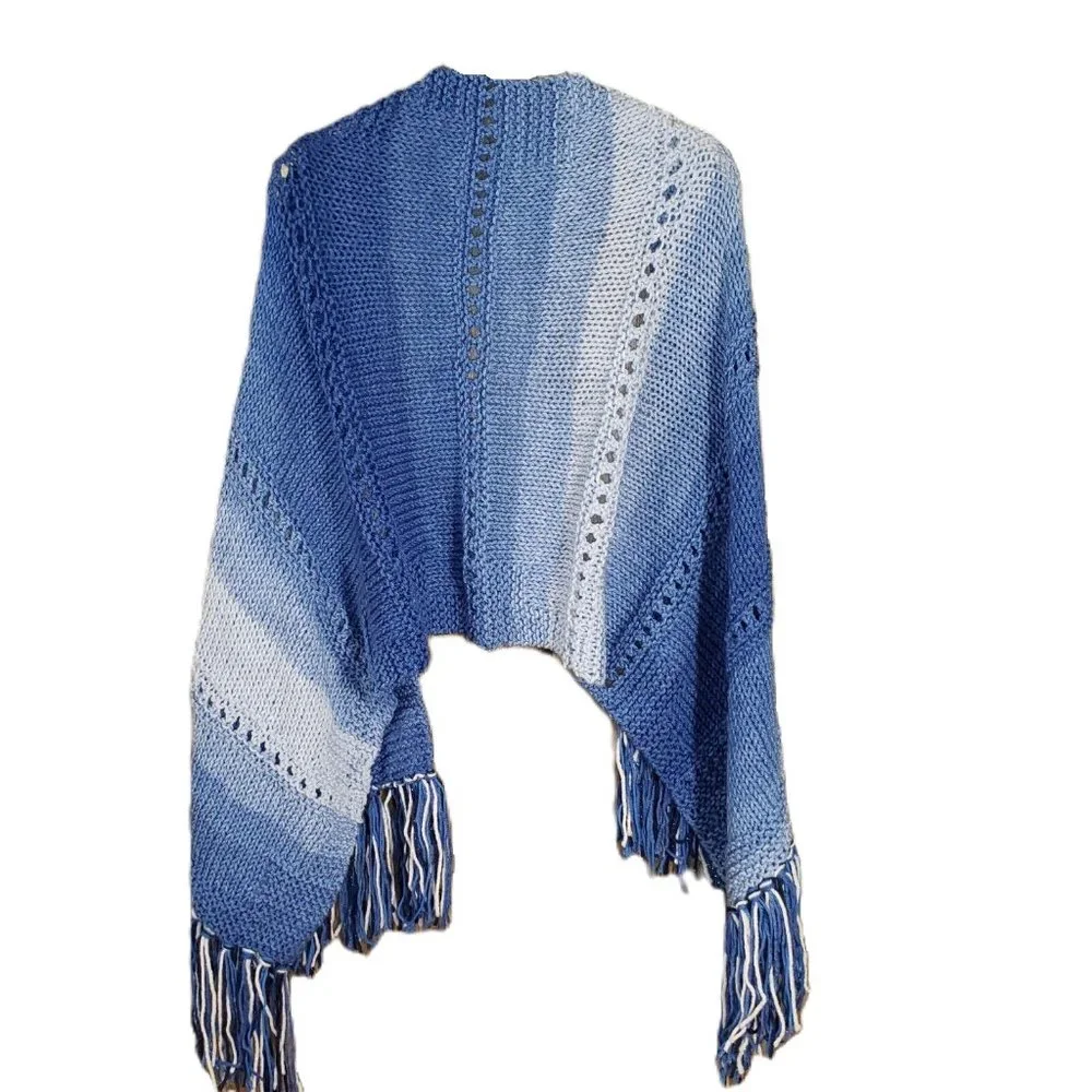 NEW Blue‎ Ombre Knit Shawl Wrap Eyelet Scarf Boho Hippie Coastal Cottage Indie